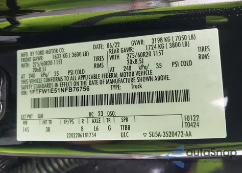 2022 Ford F-150 Platinum z USA, uszkodzony, nr VIN 1FTFW1E51NFB76756